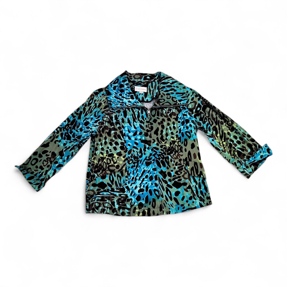 Erin London Blue/Green Animal Print Zip Jacket 3/4 Sleeve S